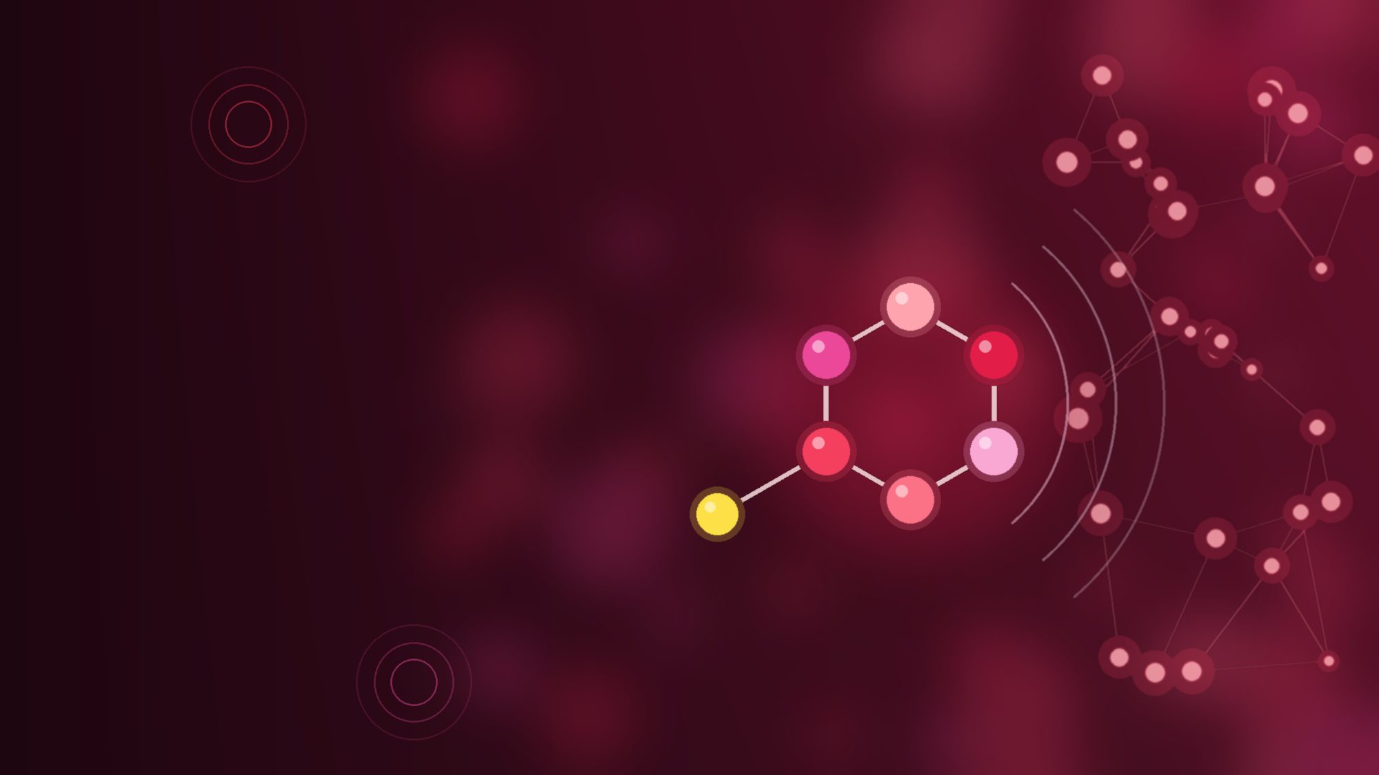 Crimson illustration of a ring of seven beads next to a glowing network of brain cells